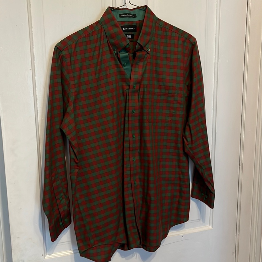 Paul Frederick Green and Red Check Button Down 16.5 x 34